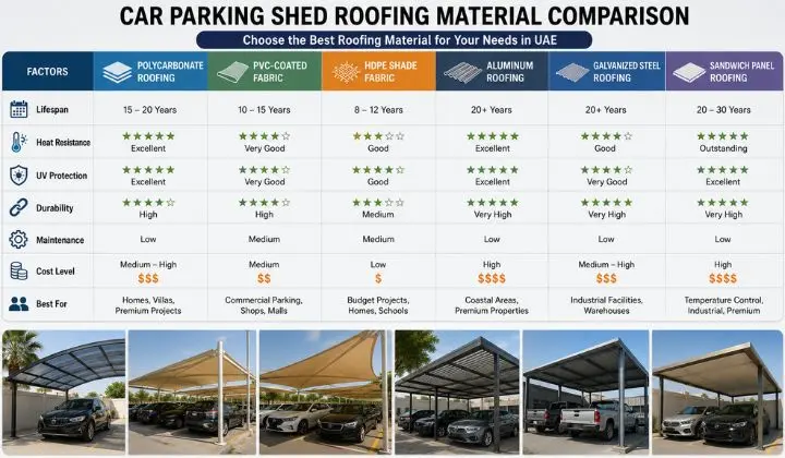 Car parking shed roofing comparison
