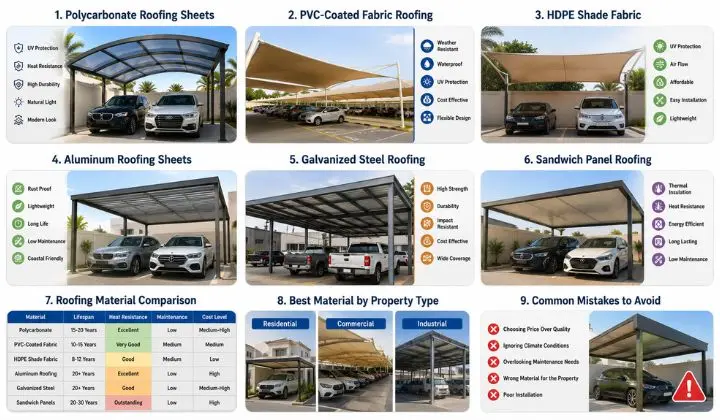Car parking shed roofing options in UAE