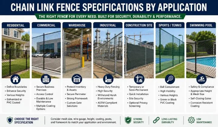 Chain Link Fence Specifications by Application